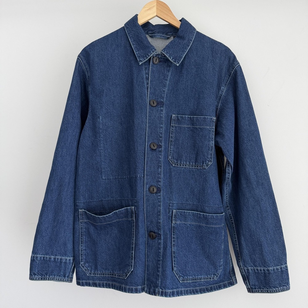 Uniqlo Jacket Mens Medium Blue Denim Chore Workwear Utility Unlined Pockets